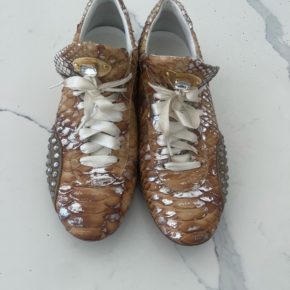 Vivien Lee Boutique Leather Snakeskin Sneakers Brown Metallic Stones New